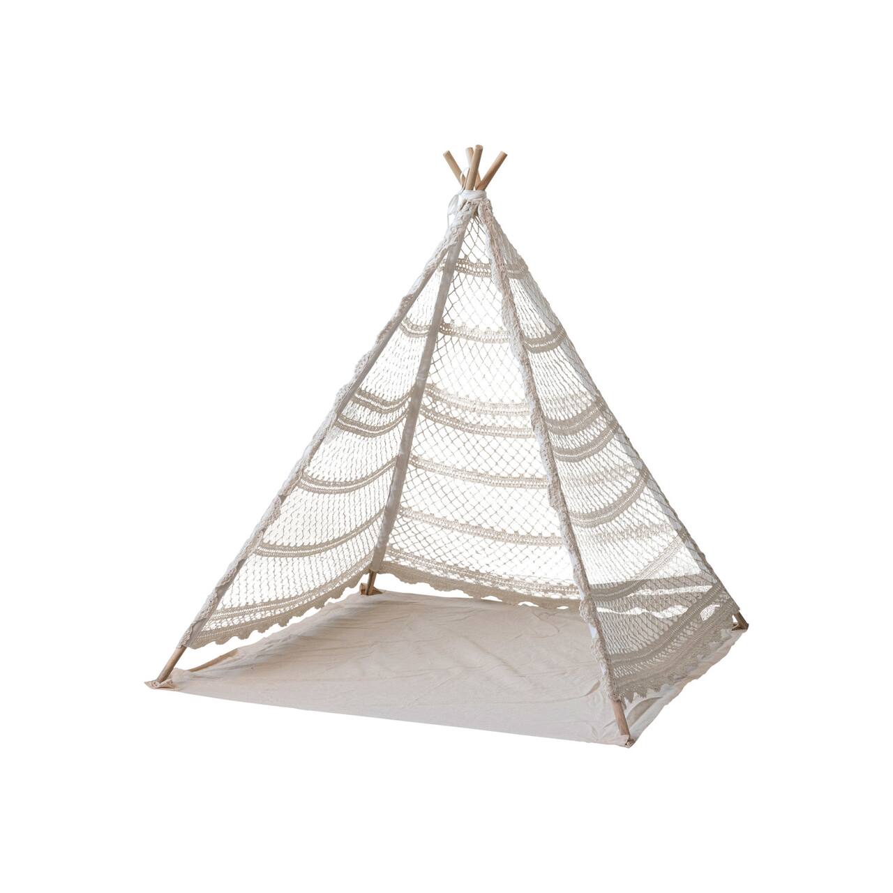 Hello Honey® 43.5" Natural Reclaimed Cotton Crocheted & Teakwood Teepee with Mat